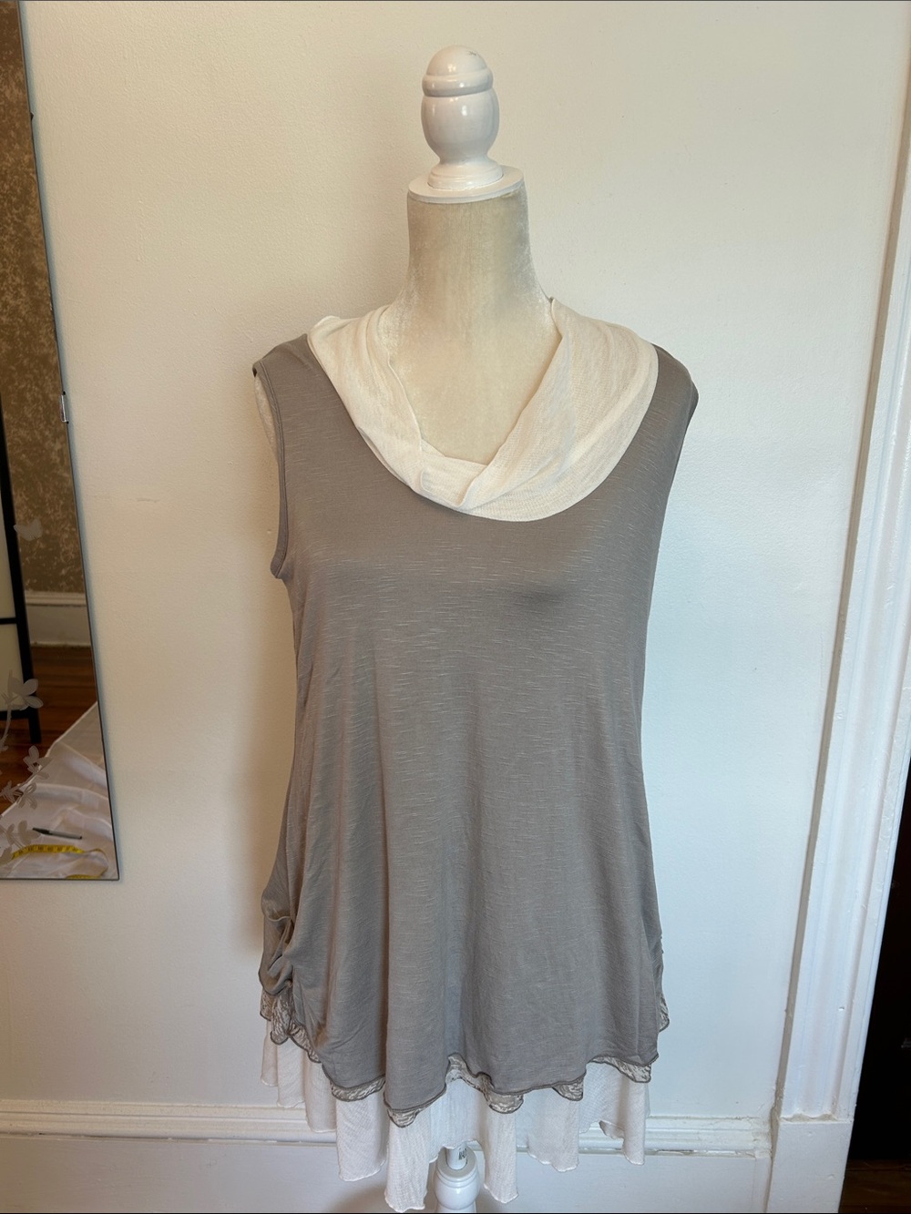 Sleeveless Taupe Tunic with Cream Cowl Neck